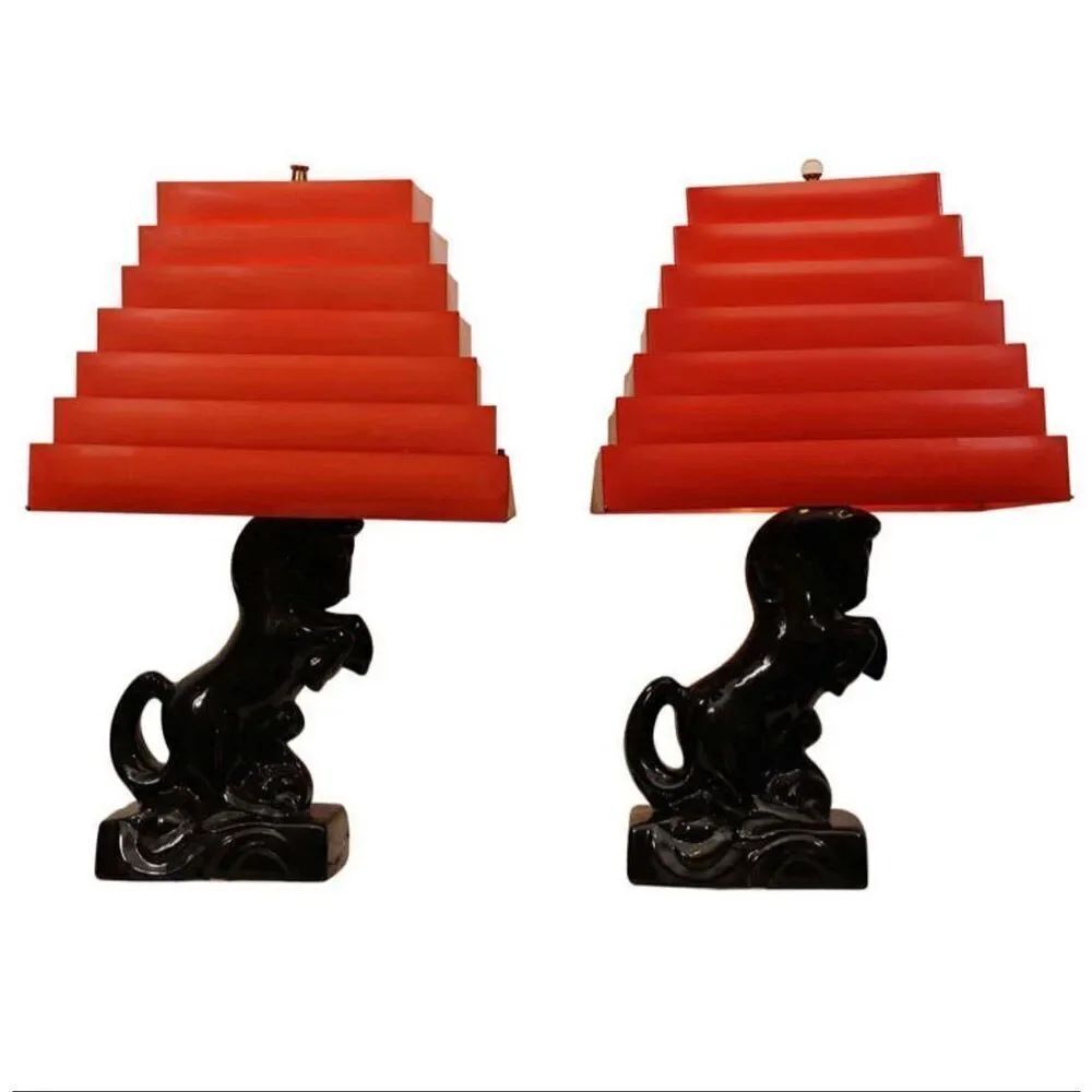 Pair of Black Ceramic Horse Mustang Lamps with Collabsable Metal Shades Mid Cent